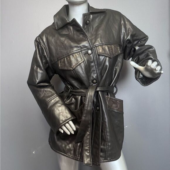 Vintage Black/Brown Leather Tie-Waist Coat - Picture 3 of 9